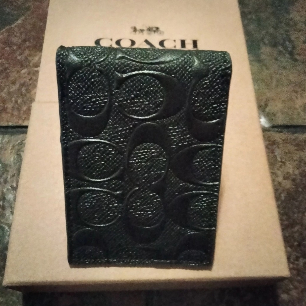 Coach Black ID Key Card Holder with Signature Raised Embossed Jacquard C
